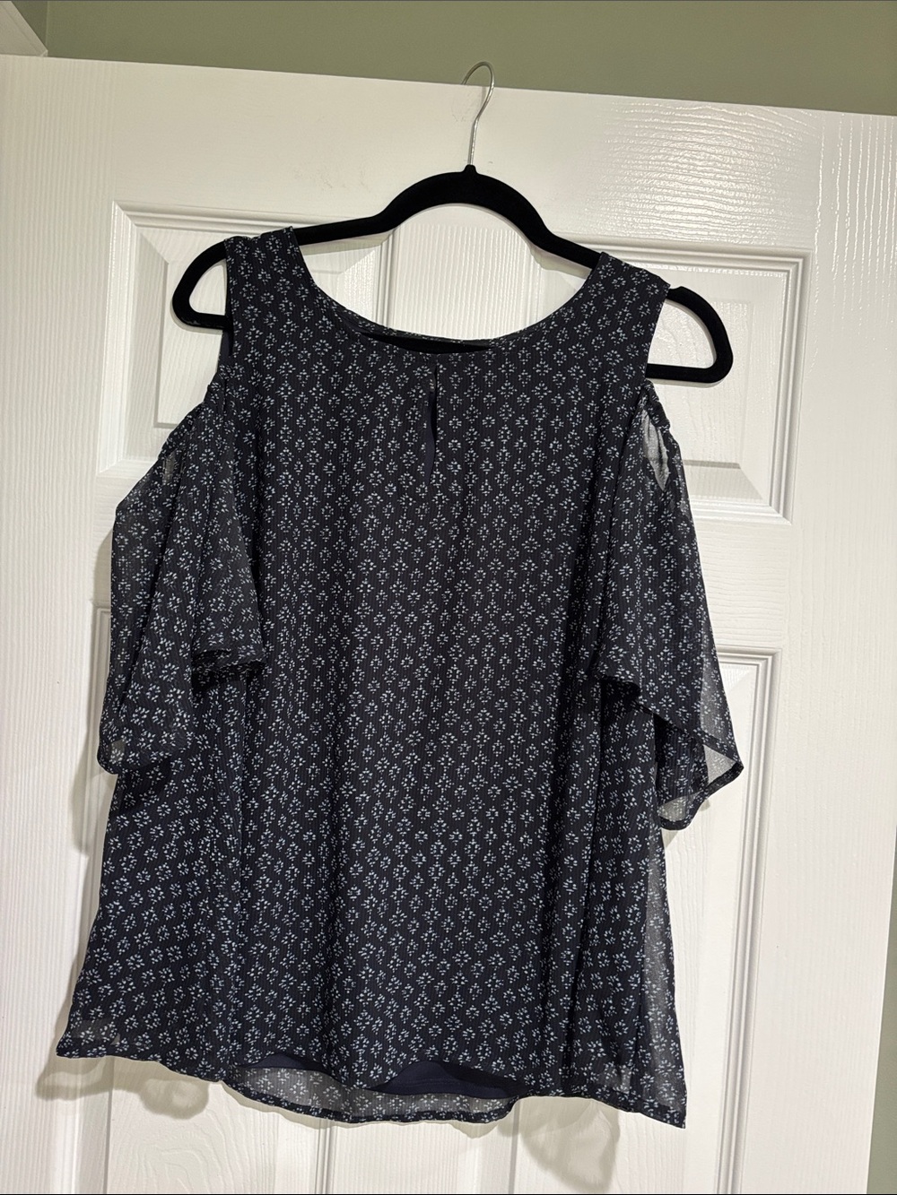 Lane Bryant Navy Printed Cold-Shoulder Blouse
